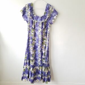 Lava Hut Hawaiian Orchid Mumu Maxi Dress Ruffle Short Sleeve Size Large